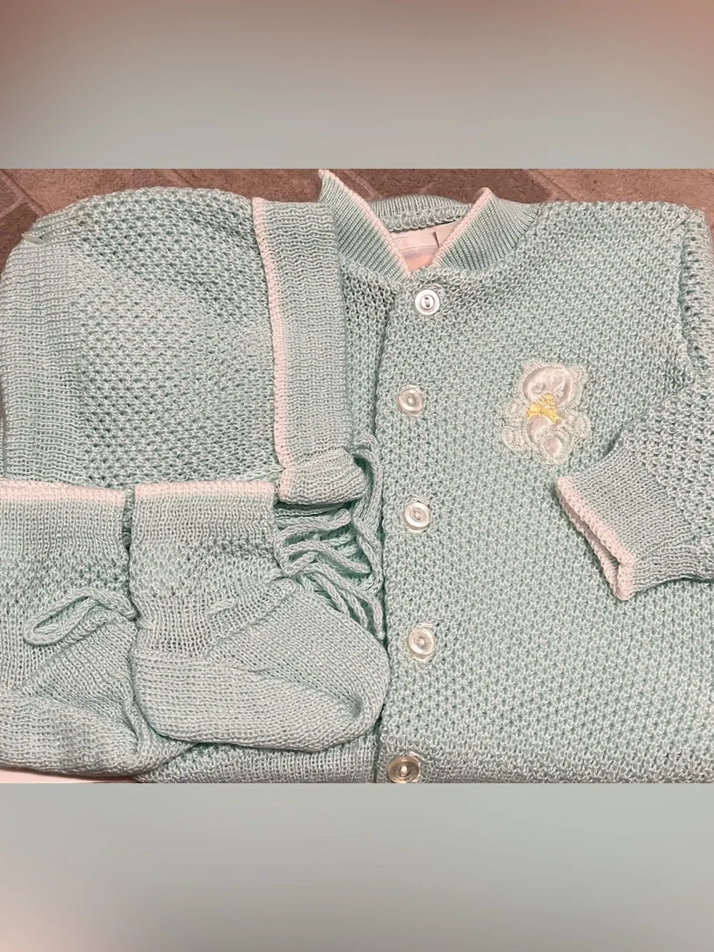 Vintage Baby 3-Piece Sweater, Bonnet & Booties Set - New Old Stock 0-6 mths